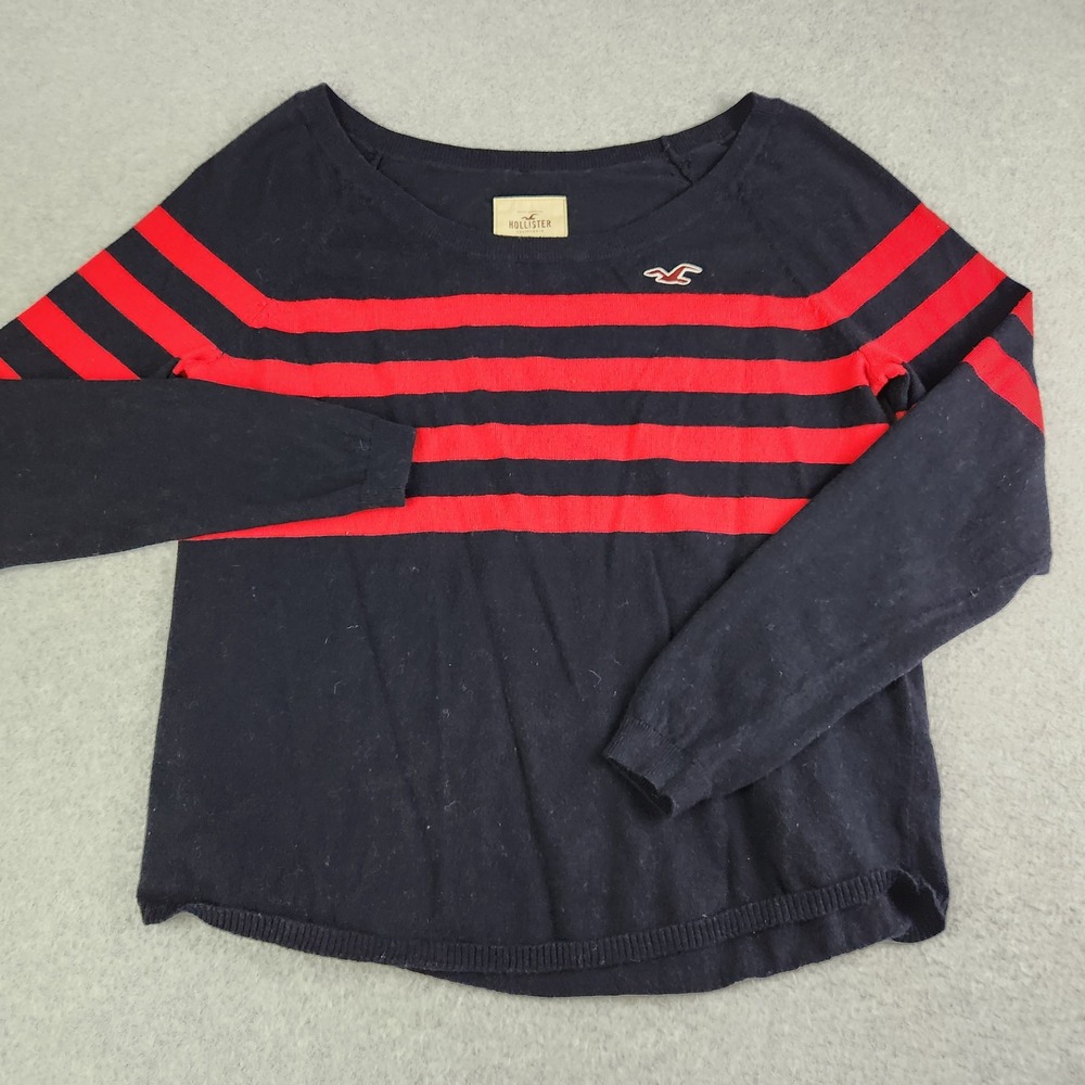 Hollister Sweater Womens Large Blue Red Striped Cotton Scoop Neck Logo Pullover